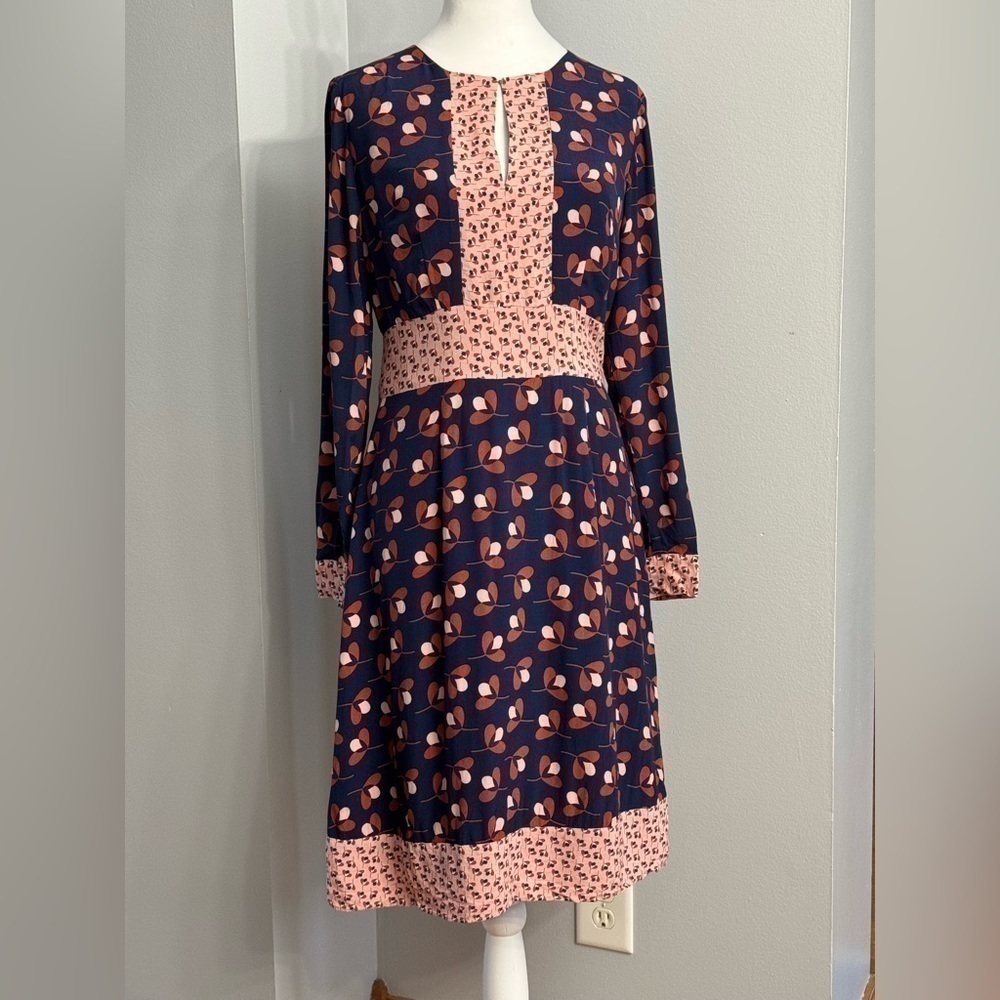 Boden Women’s Daisy Dress US 4R Navy Clover Geo Long Sleeve A-Line Dress